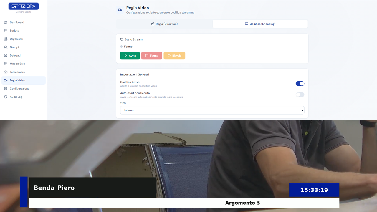 Regia video con feed live della telecamera di sala e gestione integrata della seduta