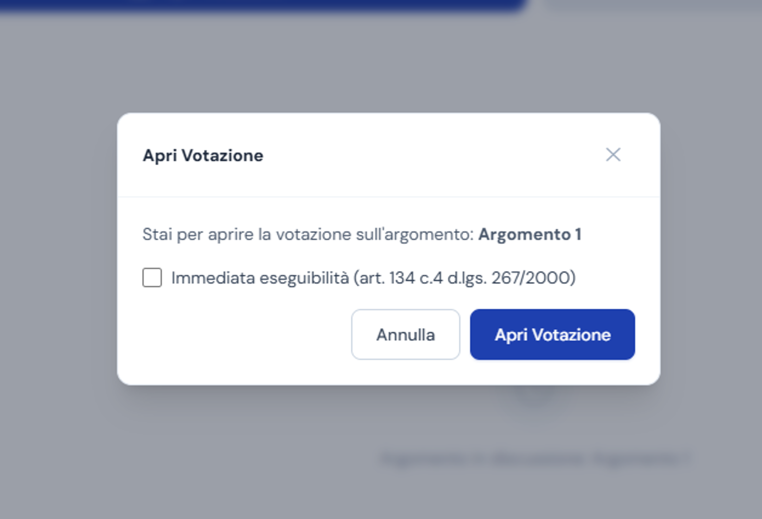 Screen dell'interfaccia di gestione della seduta usata da presidente o moderatore